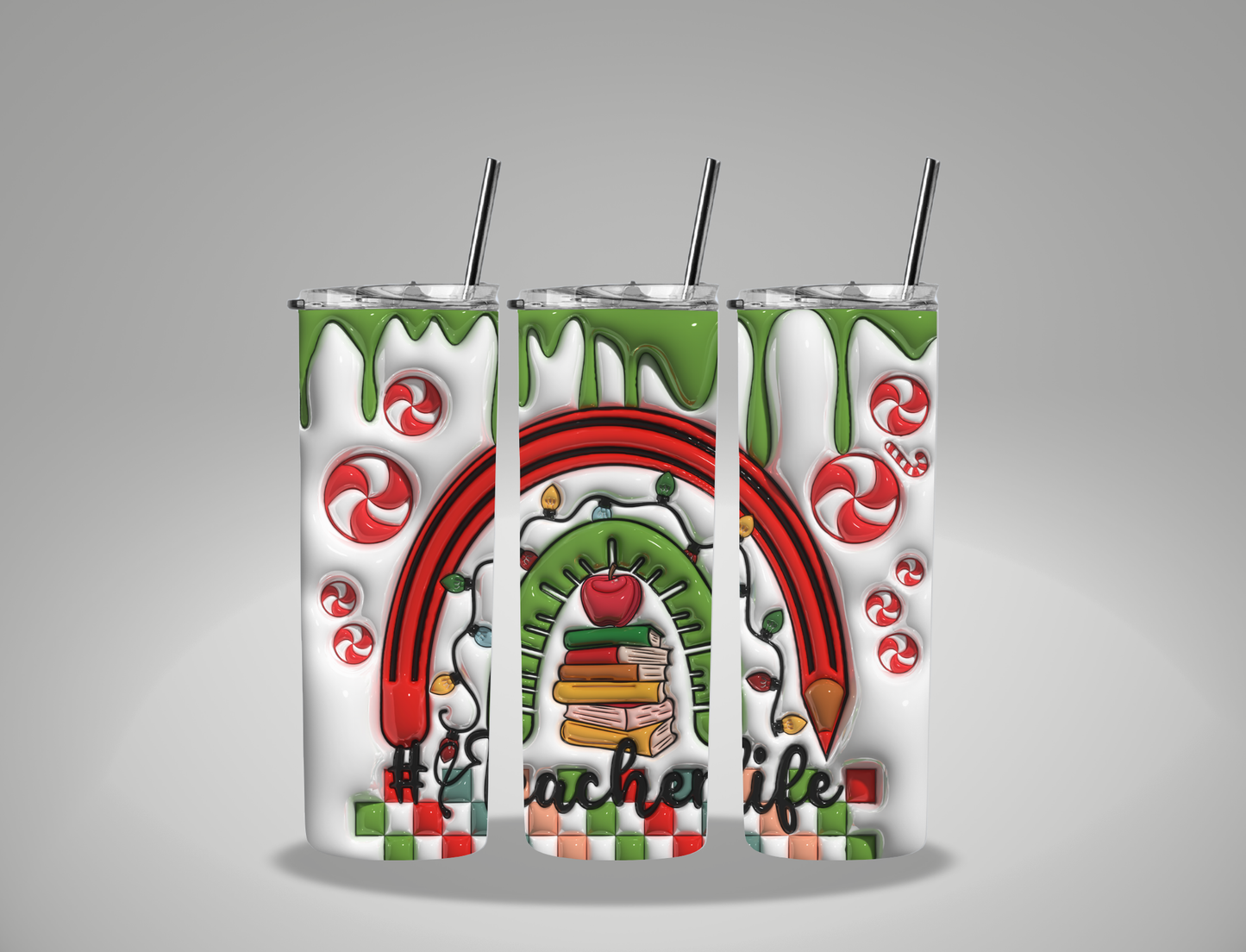 Christmas Bubble Teacher Life - 20oz Skinny Tumbler / 25 Oz Glass Tumbler Wrap