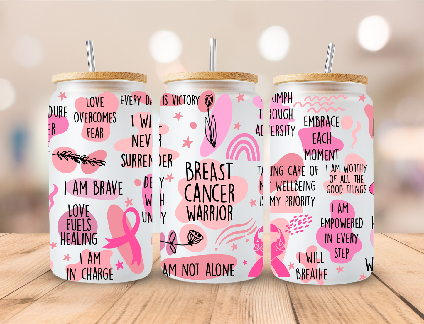 Breast Cancer Warrior - 16oz Libby UV DTF Wrap