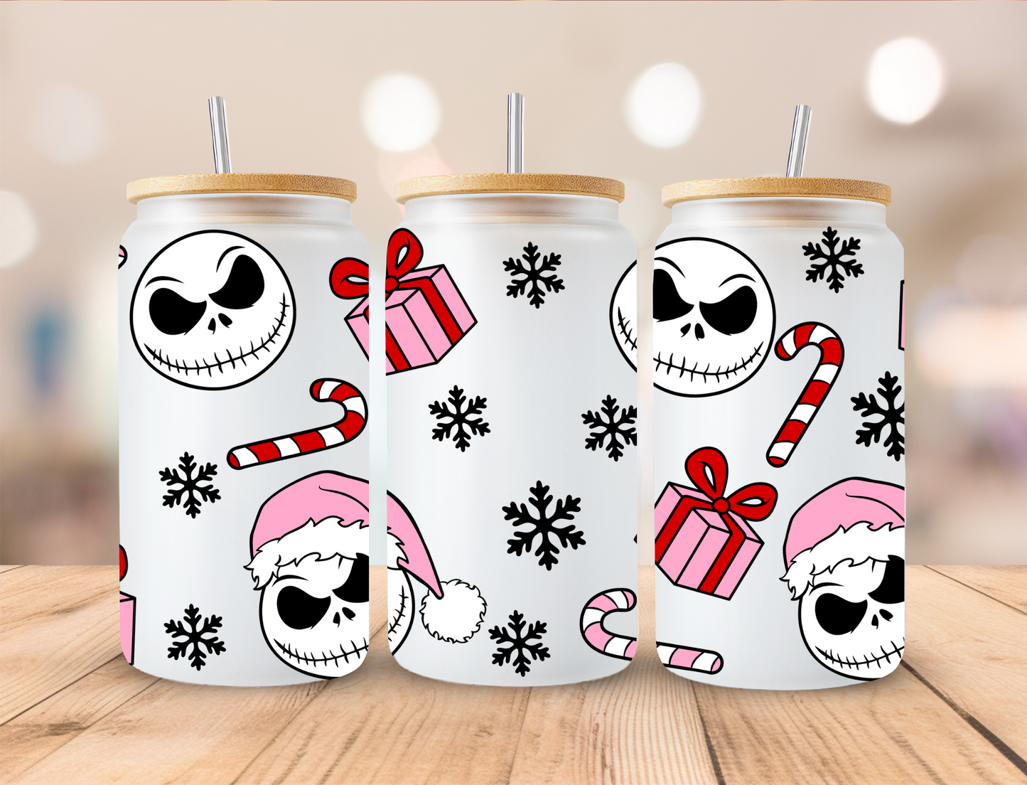 Christmas Pink Skeleton - 16oz Libby UV DTF Wrap