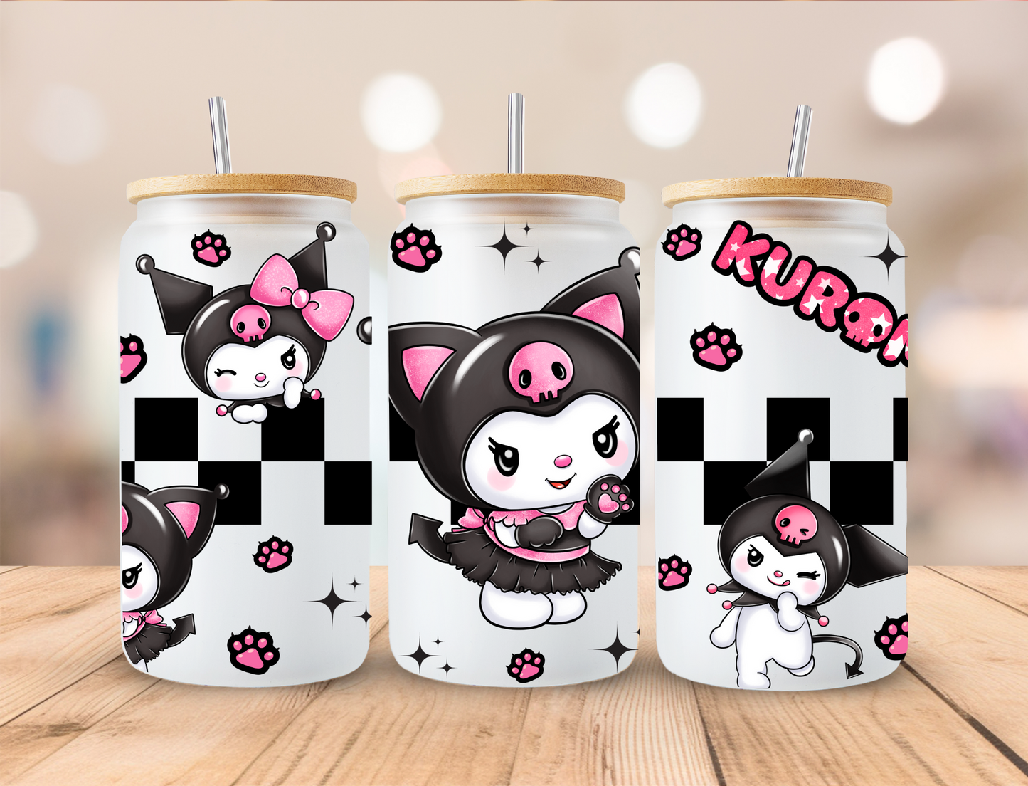 Checkered Kuromi Kitty - 16 oz Libby UV DTF Wrap
