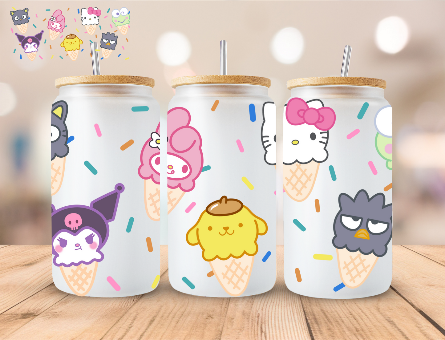 Kitty And Friends Ice Cream - 16 oz / 20 oz Libby UV DTF Wrap