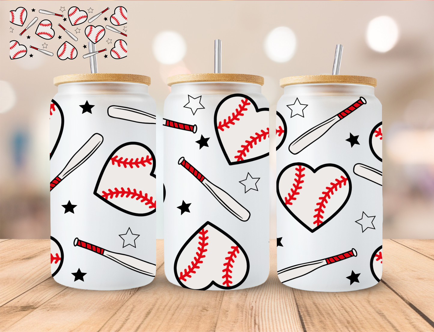 Baseball Hearts - 16 oz / 20 oz Libby UV DTF Wrap