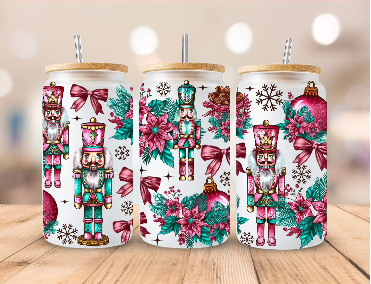 Christmas Pink and Teal Nutcrackers - 16 oz / 20 oz Libby UV DTF Wrap