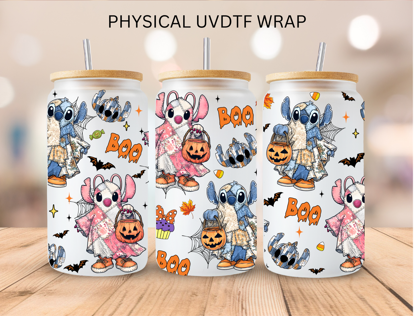 Patchwork Halloween Blue Alien - 16 oz / 20 oz Libby UV DTF Wrap