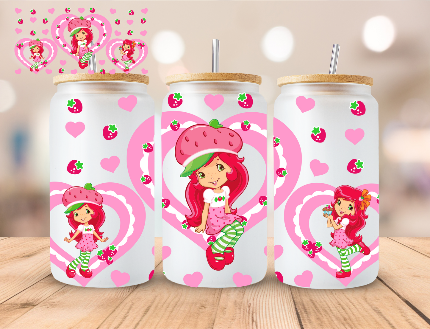 Strawberry Girl Hearts Shortcake Collection - 16 oz / 20 oz Libby UV DTF Wrap