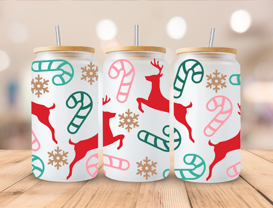 Christmas Reindeer And Candy - 16oz Libby UV DTF Wrap