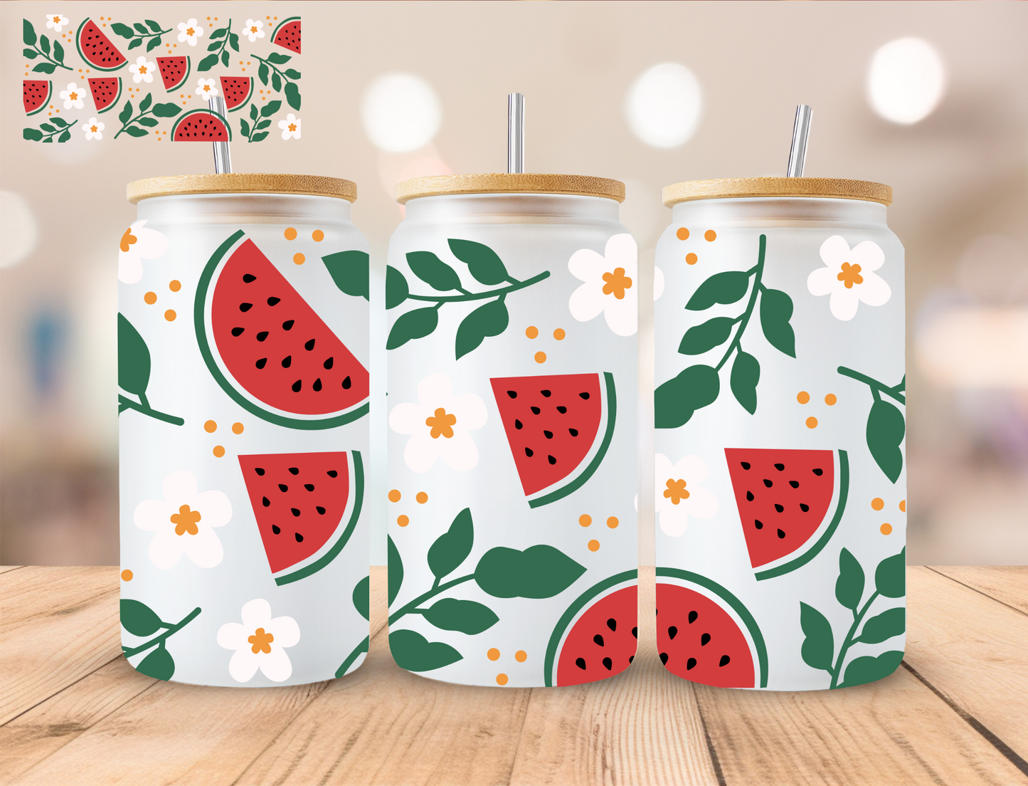 Floral Watermelon - 16 oz / 20 oz Libby UV DTF Wrap