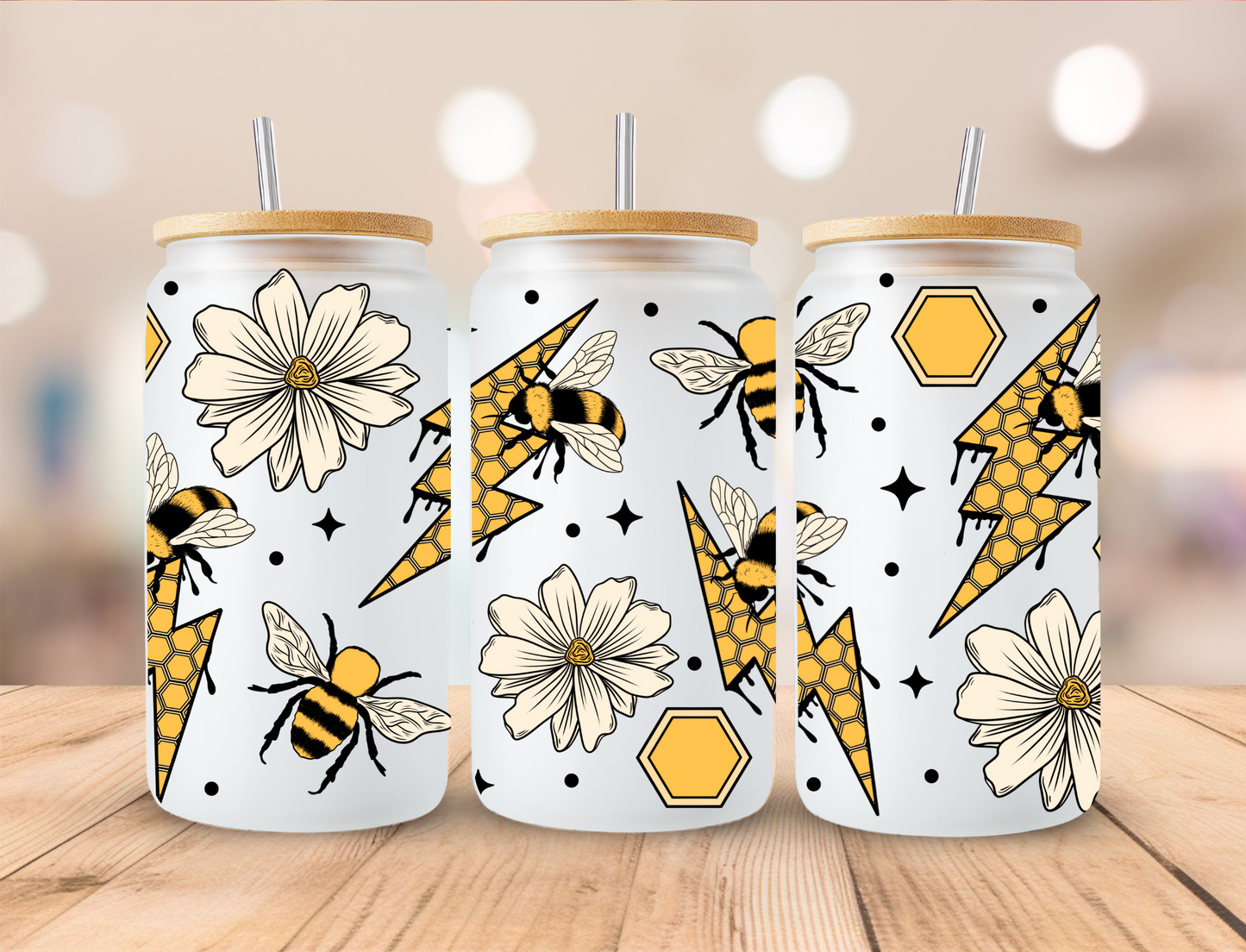 Honeybee Bolt And Daisies - 16 oz Libby UV DTF Wrap EXCLUSIVE DESIGNED