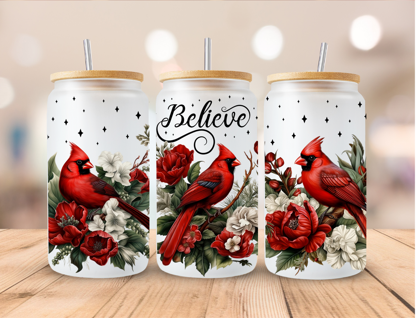 Christmas Red Bird Believe - 16 oz / 20 oz Libby UV DTF Wrap