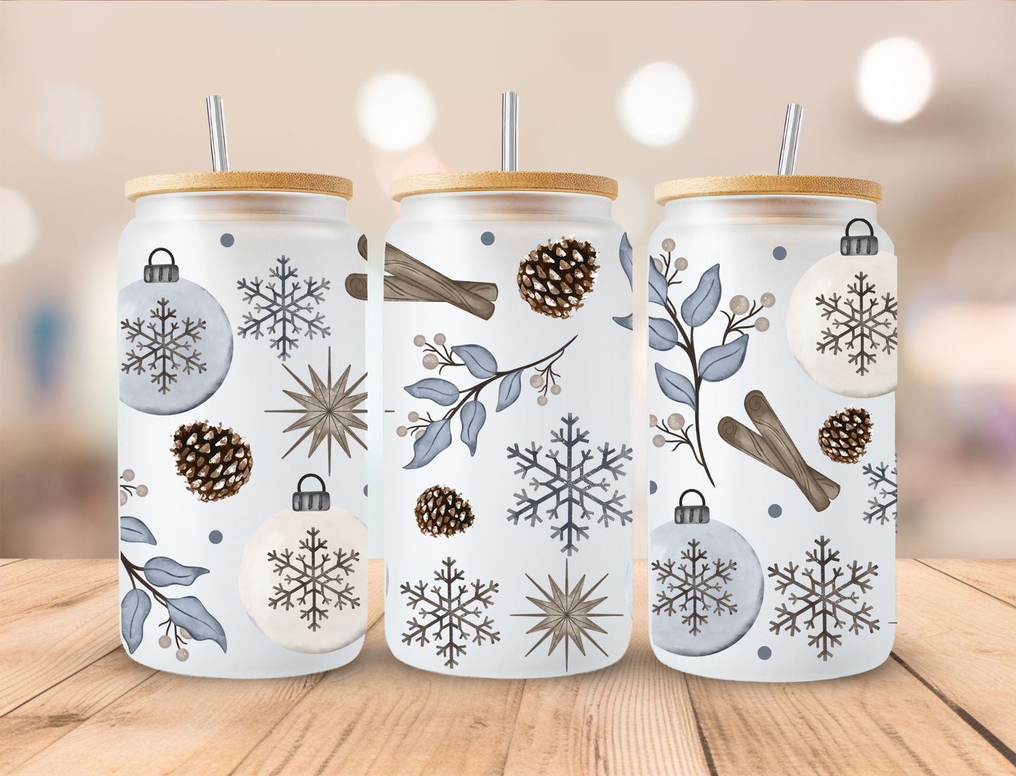 Winter Blue Ornaments and Spice Sticks - 16 oz Libby UV DTF Wrap