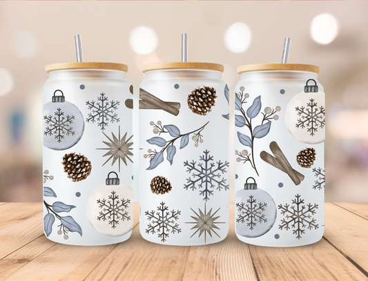 Winter Blue Ornaments and Spice Sticks - 16 oz Libby UV DTF Wrap