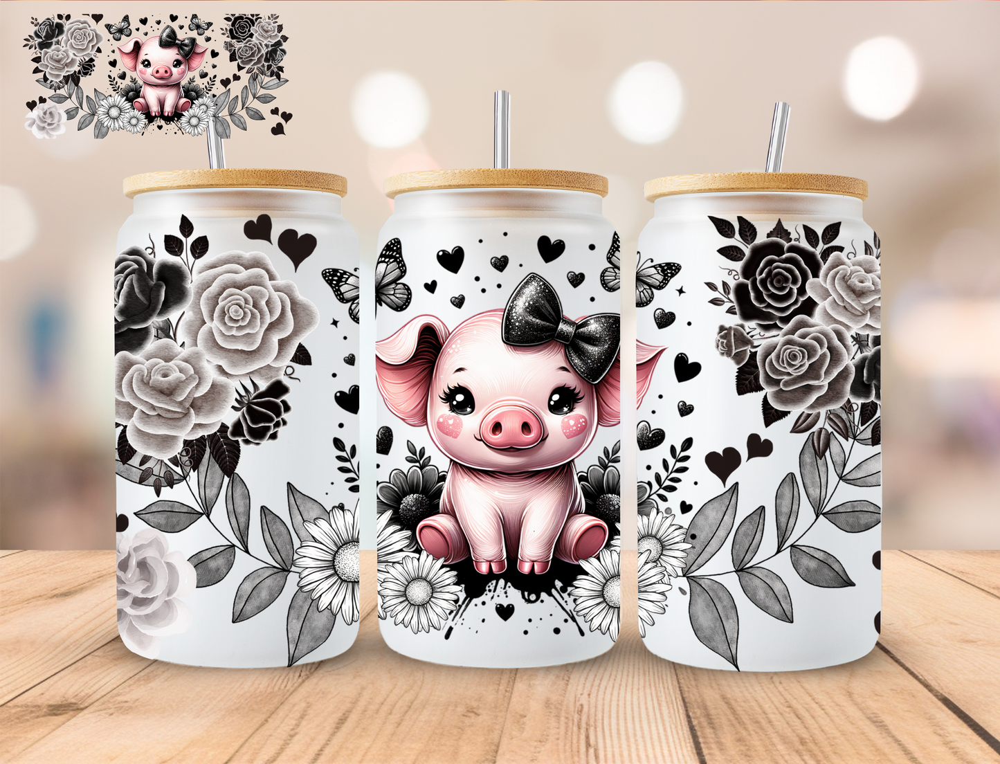 Floral pig- 16 oz / 20 oz Libby UV DTF Wrap