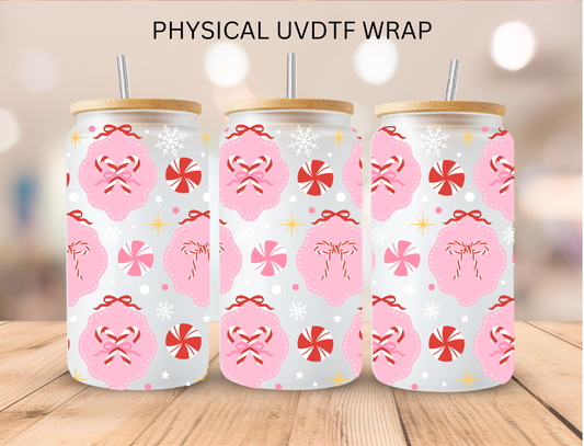 Christmas Candy Cane Pink Frames - 16 oz / 20 oz Libby UV DTF Wrap