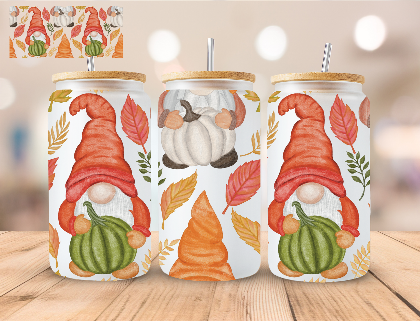 Fall Gnomes W/ Leaves - 16 oz / 20 oz Libby UV DTF Wrap