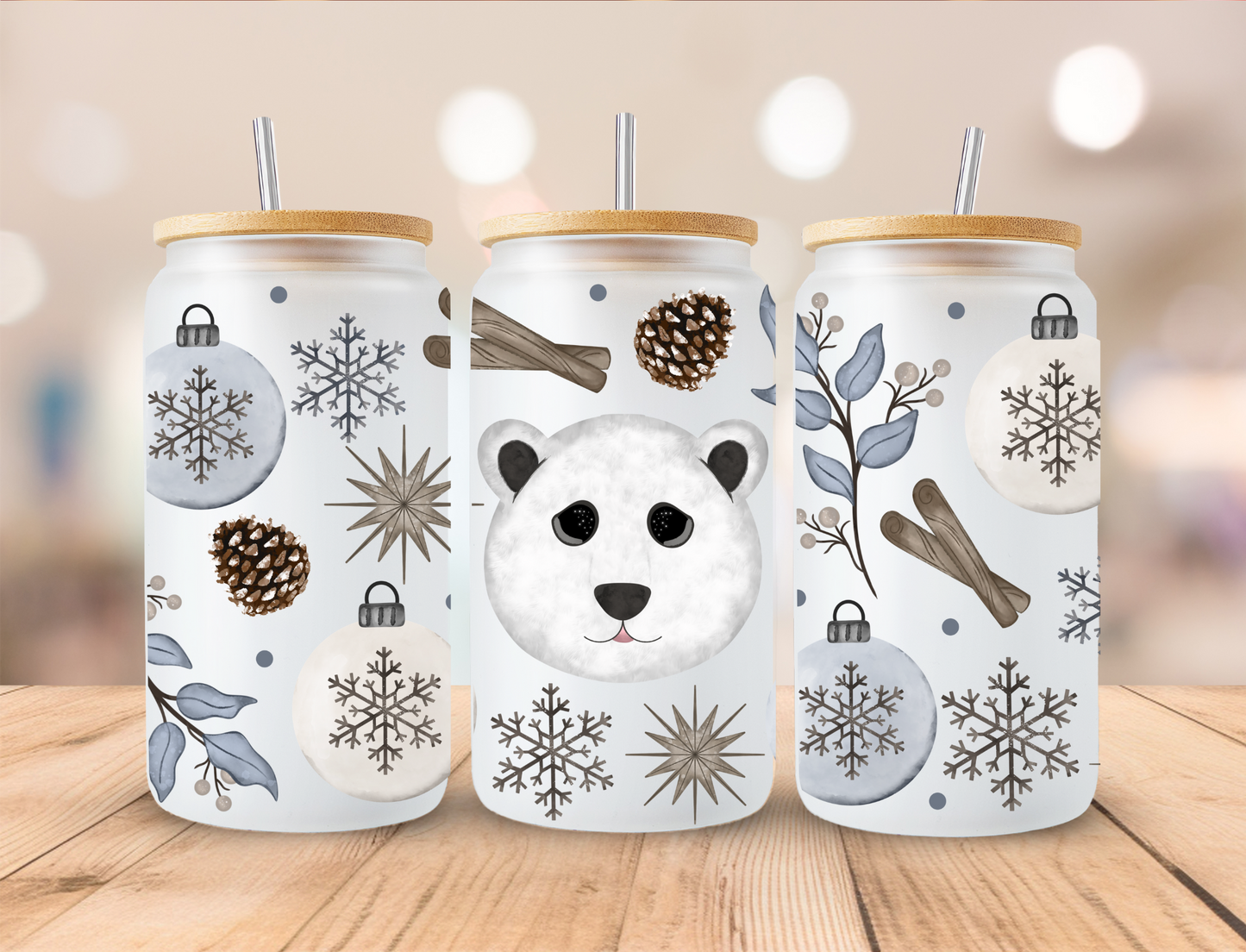 Winter Ornaments and Polar Bear - 16 oz Libby UV DTF Wrap