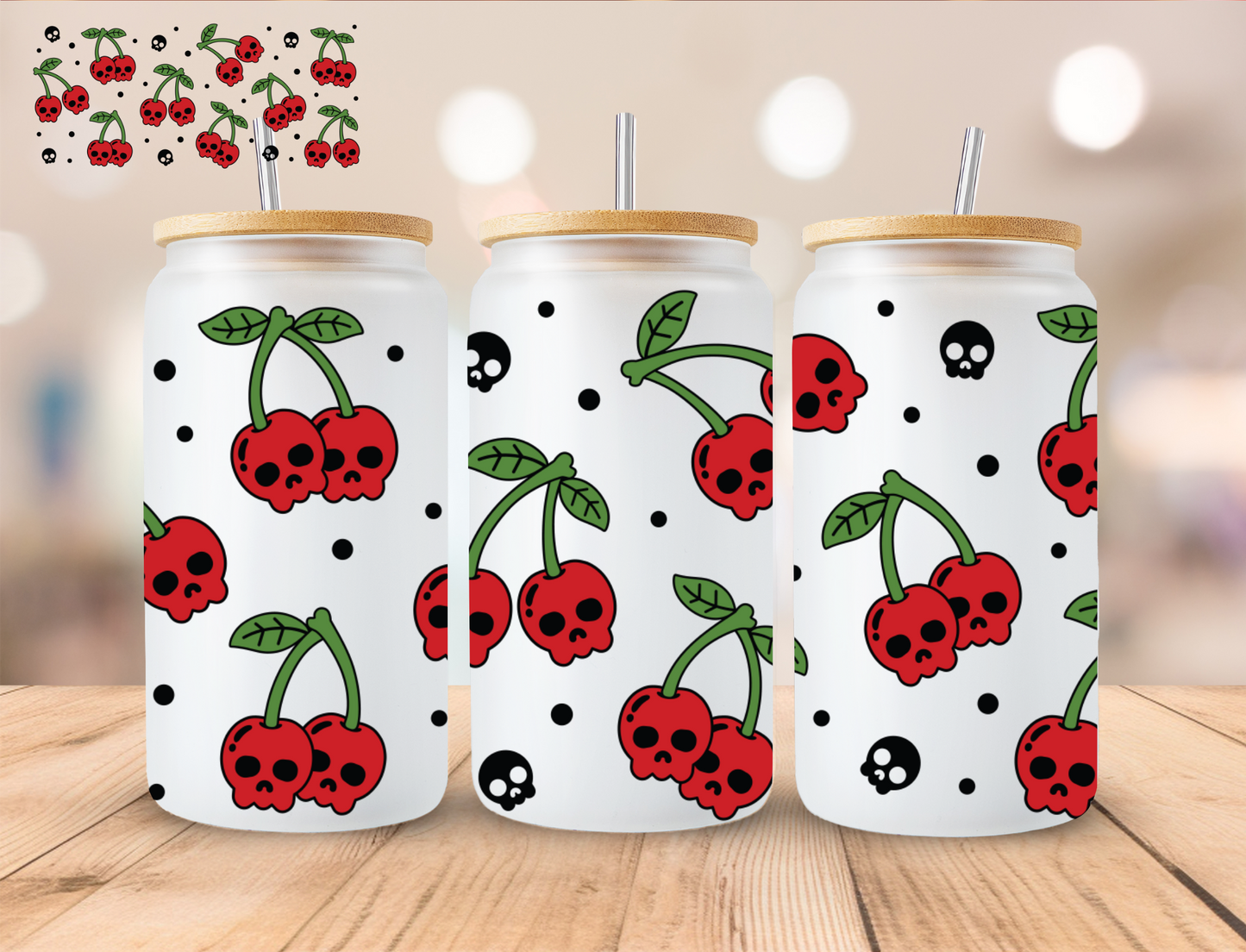Skeleton Cherries - 16 oz / 20 oz Libby UV DTF Wrap