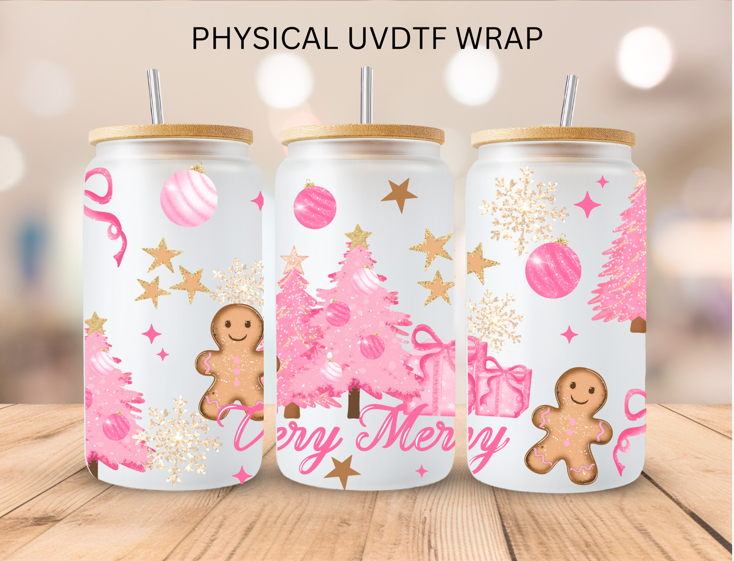 Christmas Pink Very Merry - 16 oz / 20 oz Libby UV DTF Wrap