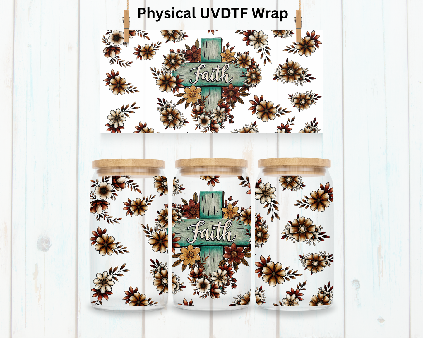 Wood Stained Cross Faith - 16 oz / 20 oz Libby UV DTF