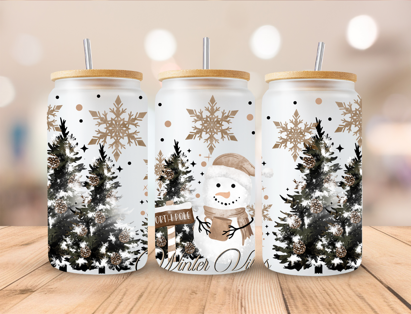 White Christmas Snowman - 16 oz Libby UV DTF Wrap EXCLUSIVE DESIGNED