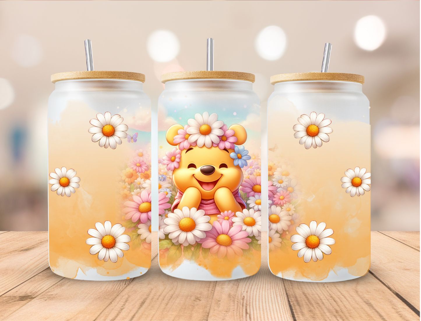 Floral Daisy Yellow Bear - 16 oz / 20 oz Libby UV DTF Wrap