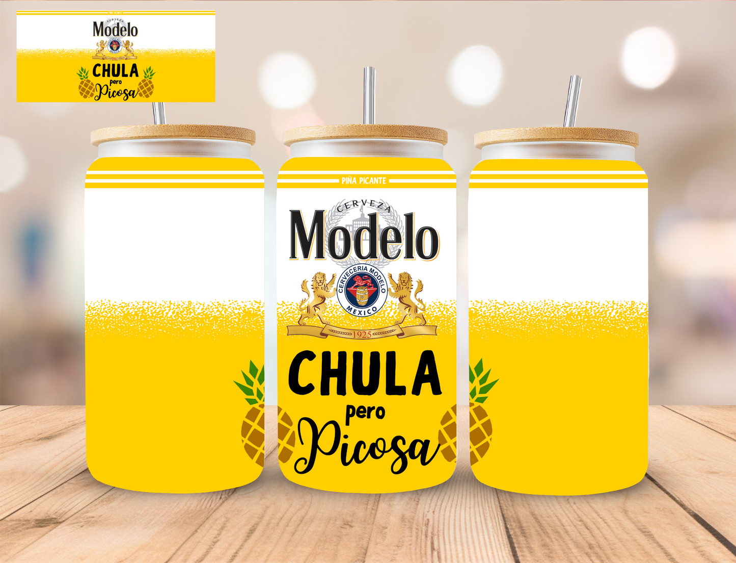 Hispanic Modelo Chula (Yellow)- 16 oz / 20 oz Libby UV DTF Wrap