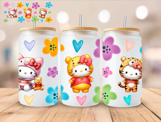 Kitty Bear And Friends Coffee - 16 oz / 20 oz Libby UV DTF Wrap
