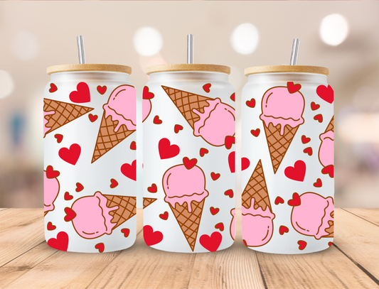 Valentines Strawberry Cone With Hearts - 16 oz / 20 oz Libby UV DTF Wrap