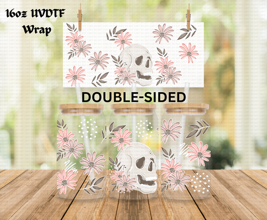 Floral Skull - 16 oz Libby UV DTF DOUBLESIDED Wrap RTS