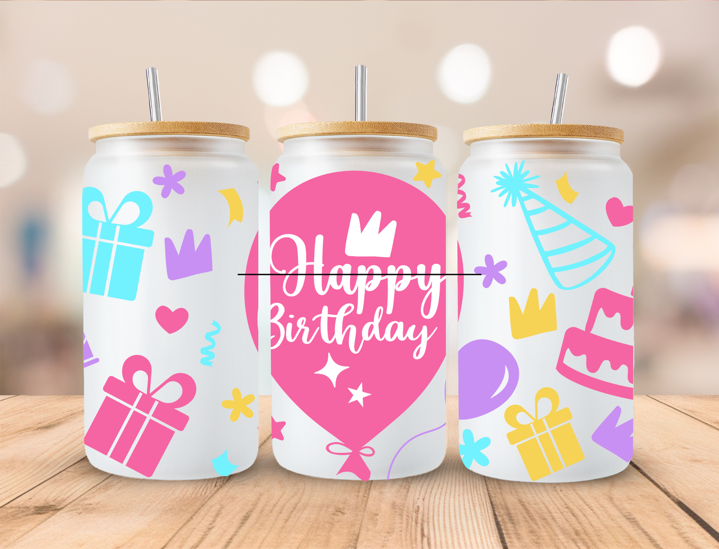 Happy Birthday(Dark Pink) - 16oz Libby UV DTF Wrap