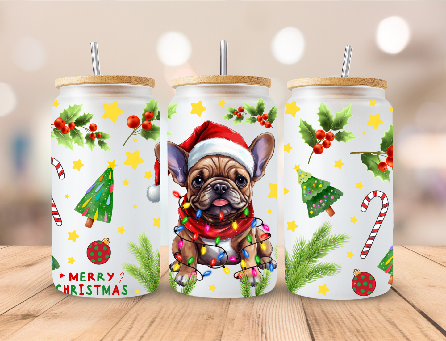 French Bulldog Christmas - 16oz Libby UV DTF Wrap