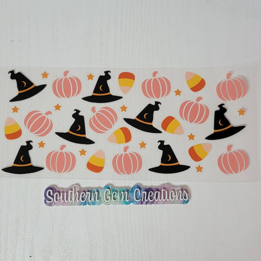 Halloween Pumpkin Candy Corn and Witch Hats - 16 oz Libby UV DTF Wrap RTS