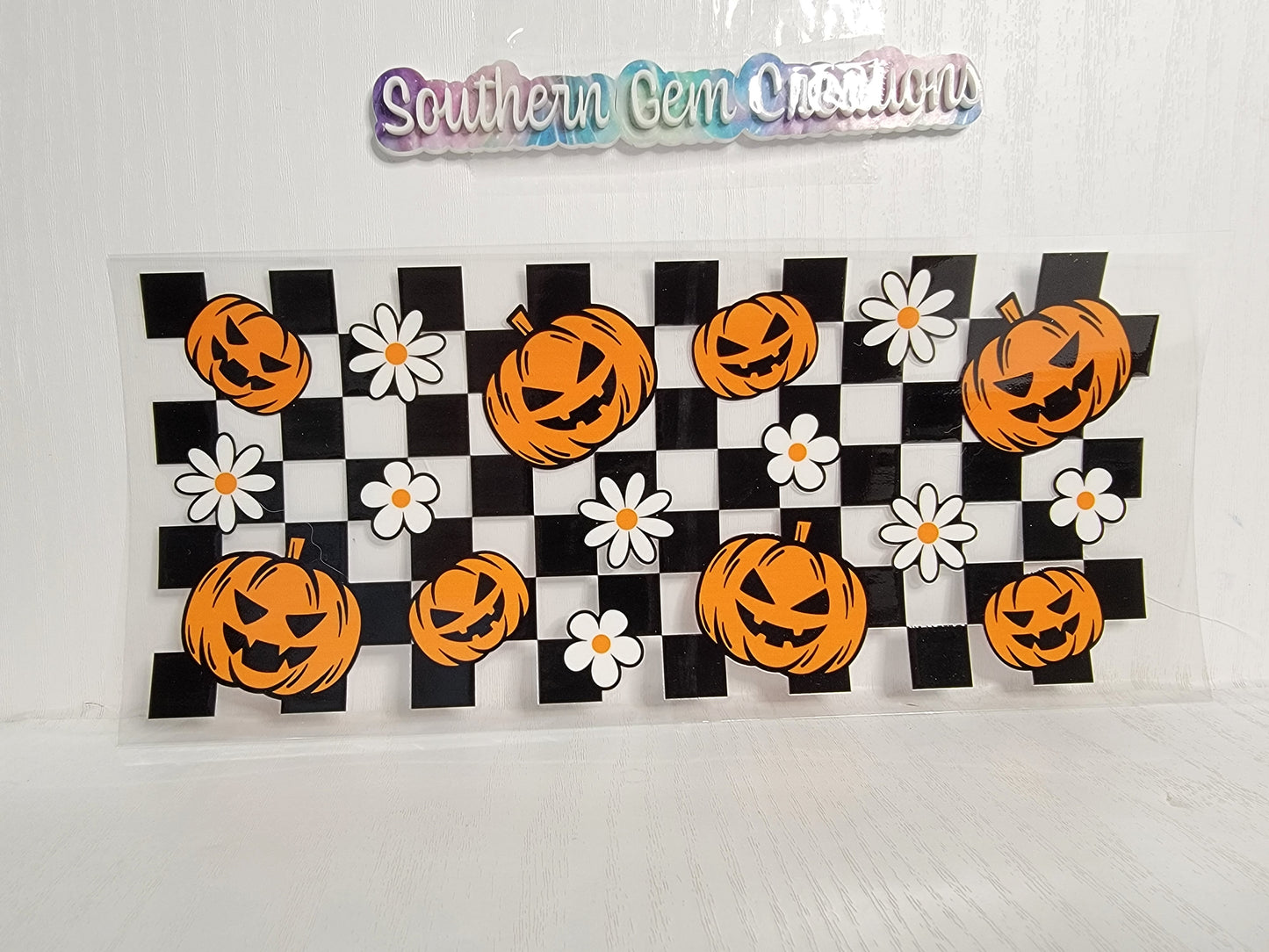 Halloween Checkered Pumpkins - 16 oz Libby UV DTF Wrap RTS