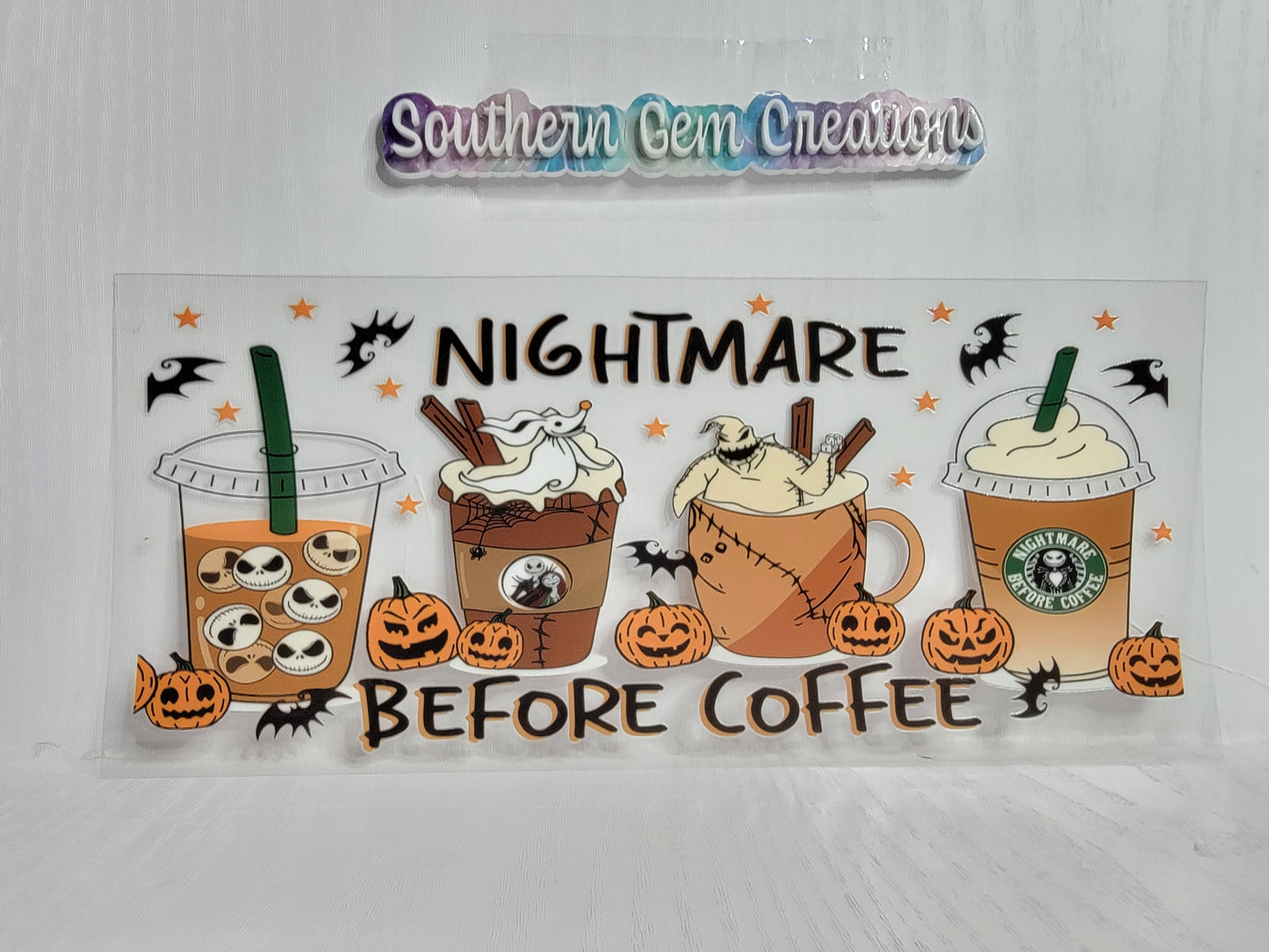 Halloween Nightmare Before Coffee - 16 oz Libby UV DTF Wrap RTS