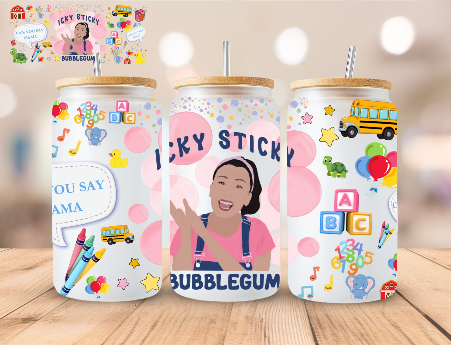 Icky Sticky Bubblegum Mrs. Rachel - 16 oz / 20 oz Libby UV DTF Wrap