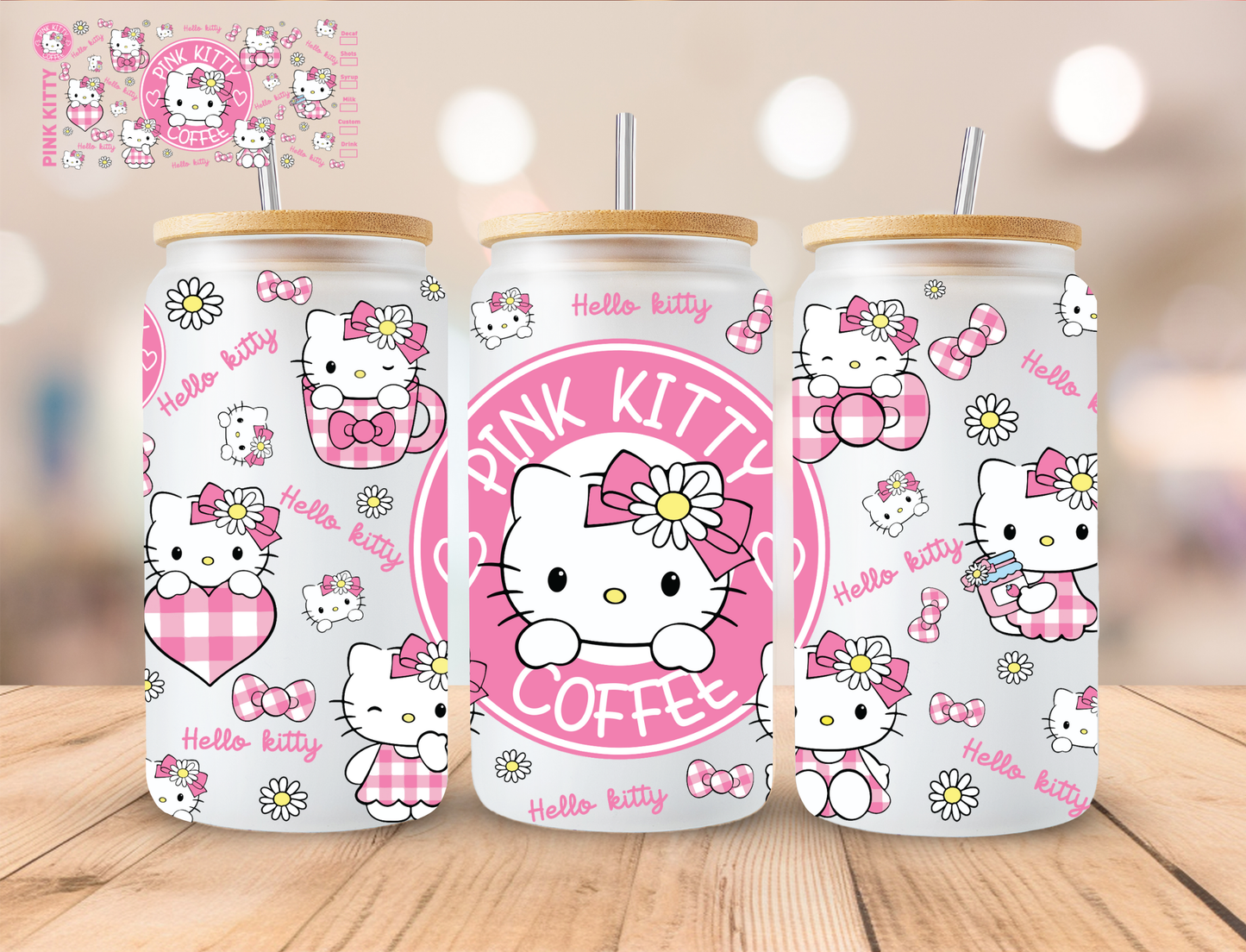 Pink Kitty Coffee - 16 oz / 20 oz Libby UV DTF Wrap