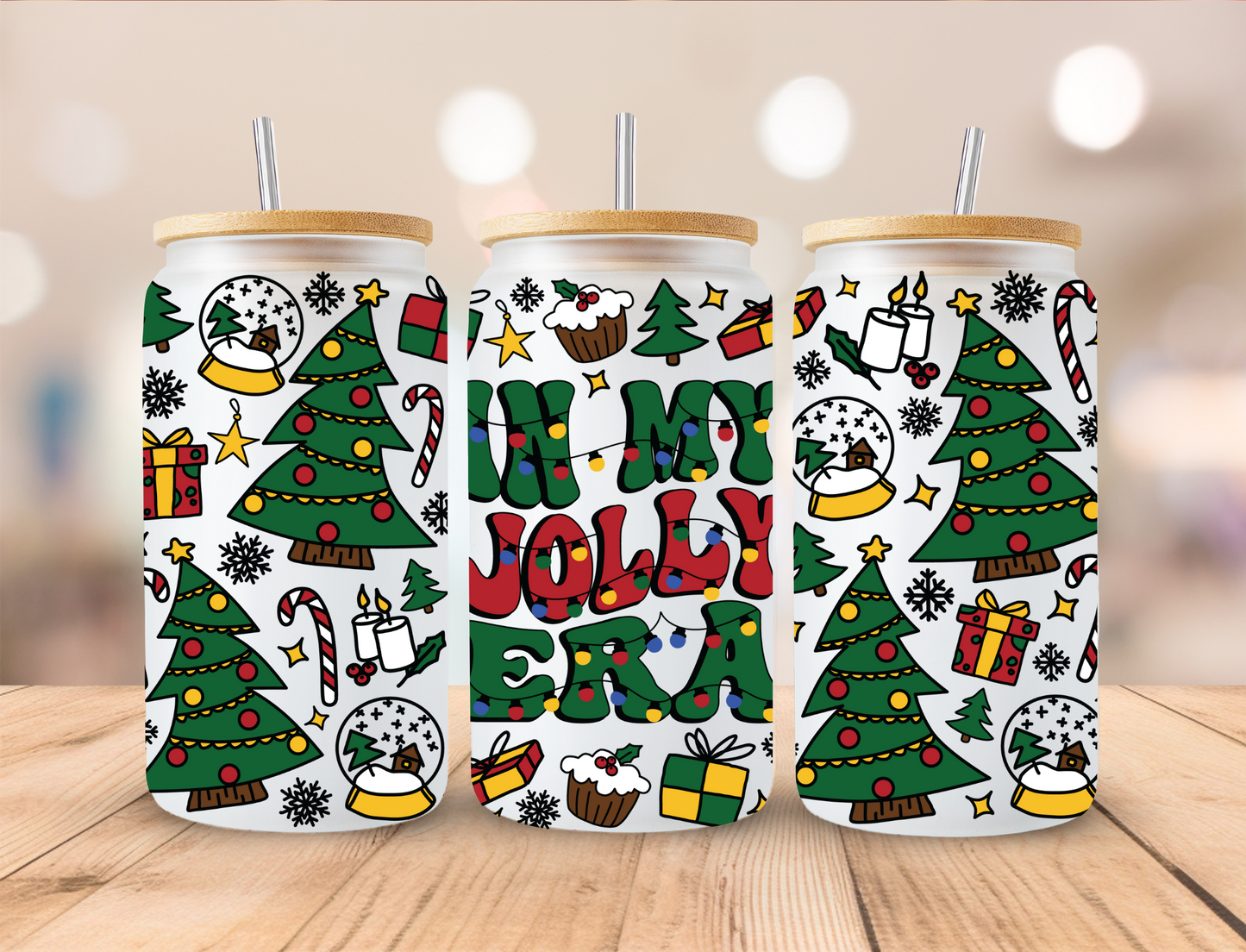 Christmas Trees In My Jolly Era - 16oz Libby UV DTF Wrap