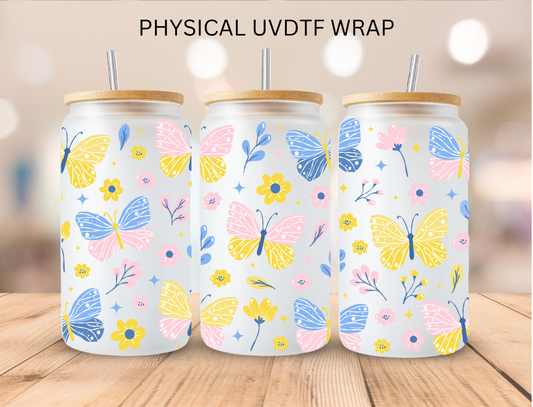 Yellow N Blue Butterfly's - 16 oz / 20 oz Libby UV DTF Wrap