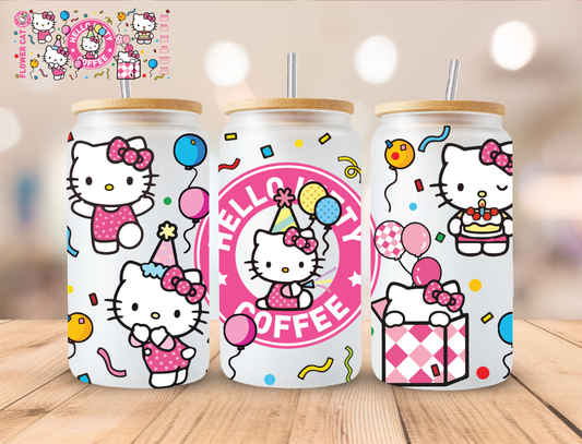 Birthday Kitty Coffee - 16 oz / 20 oz Libby UV DTF Wrap