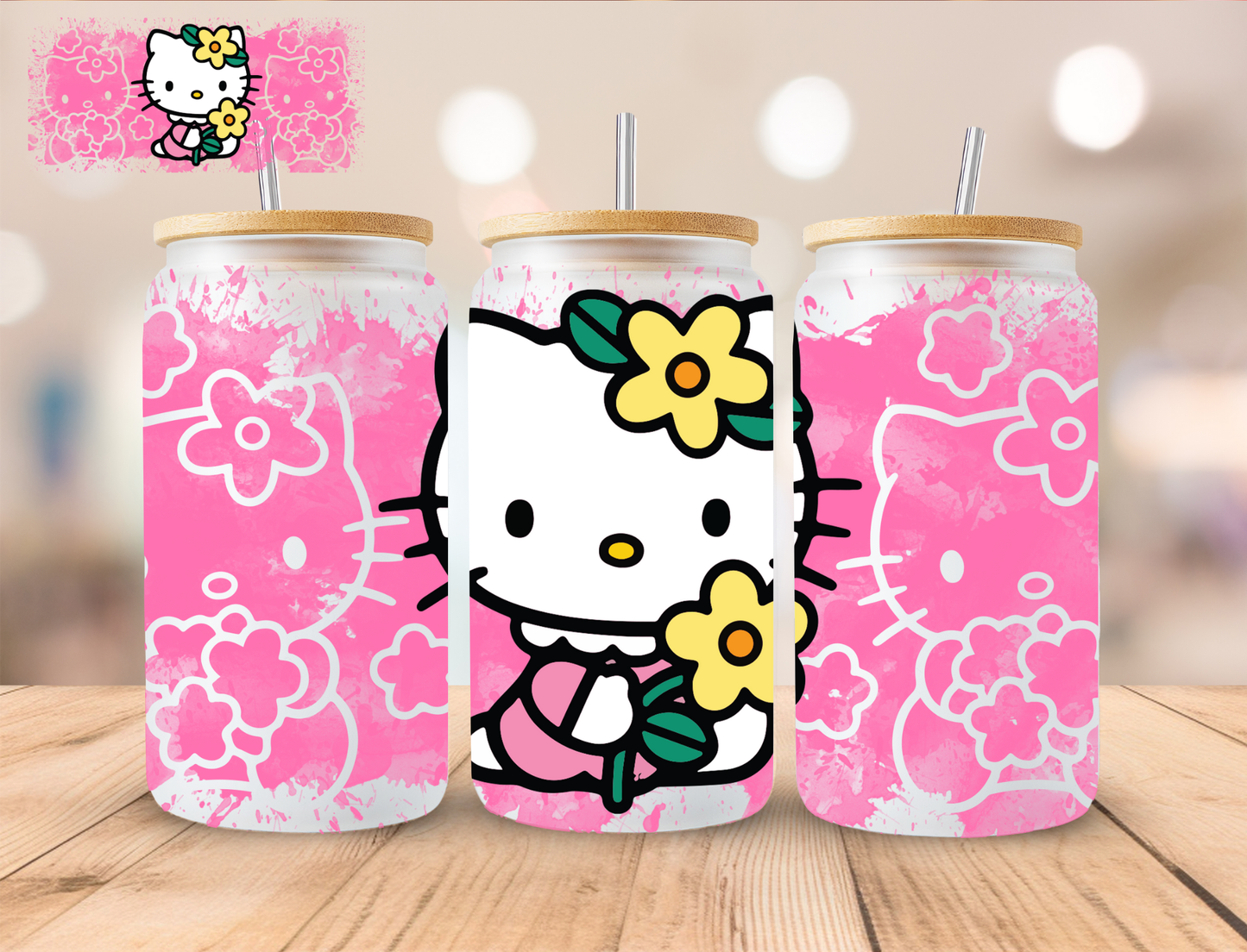 Pink Floral Kitty - 16 oz / 20 oz Libby UV DTF Wrap