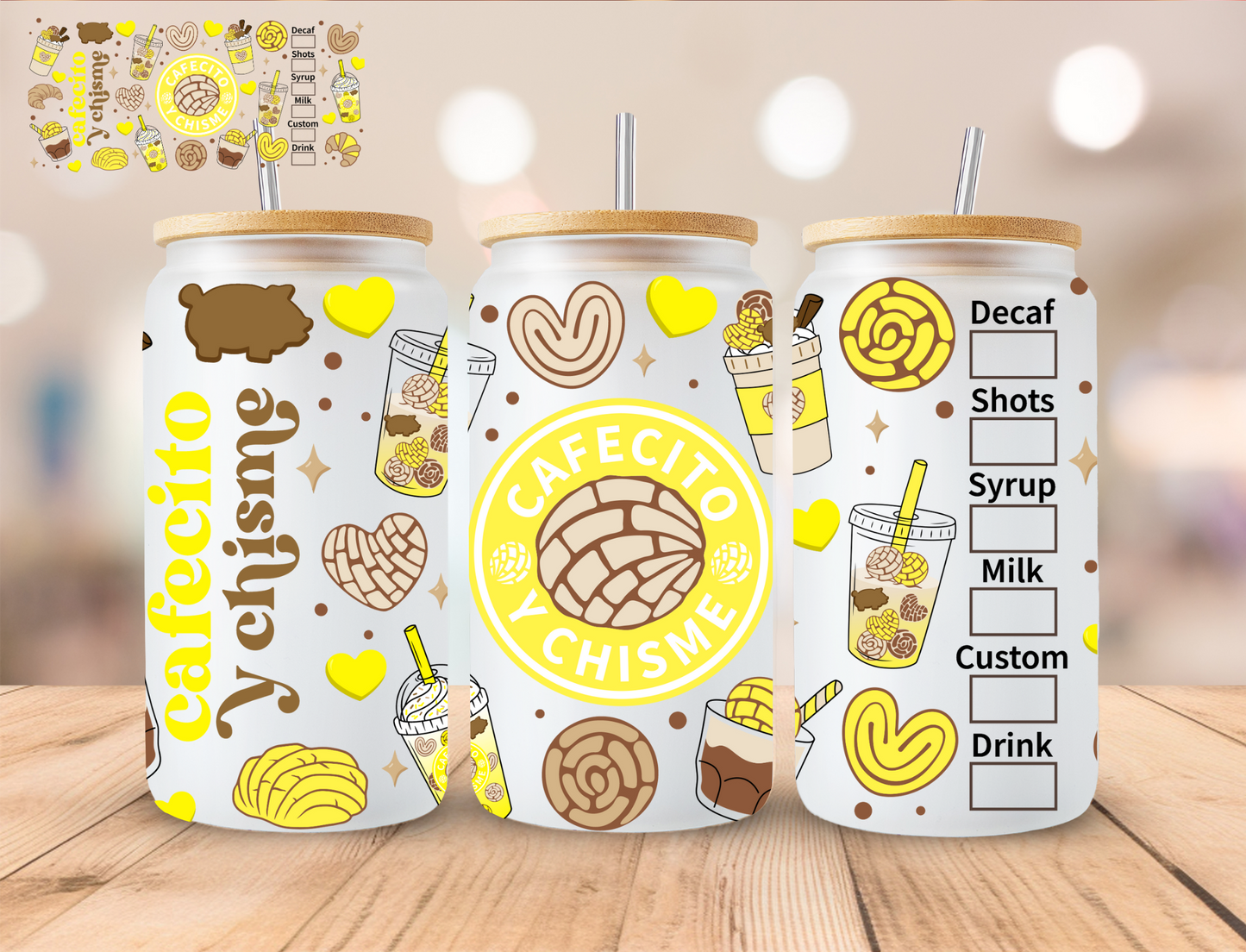 Cafecito Y Chisme (Yellow) - 16 oz / 20 oz Libby UV DTF Wrap