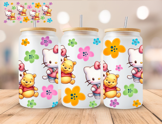 Kitty And Bear Floral - 16 oz / 20 oz Libby UV DTF Wrap