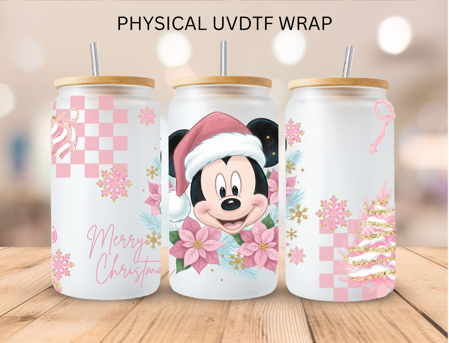 Christmas Pink Checkered Mouse Boy - 16 oz / 20 oz Libby UV DTF Wrap
