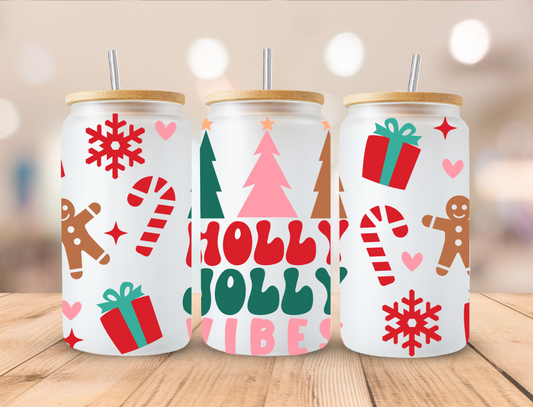 Christmas Holly Jolly Vibes - 16 oz Libby UV DTF Wrap RTS