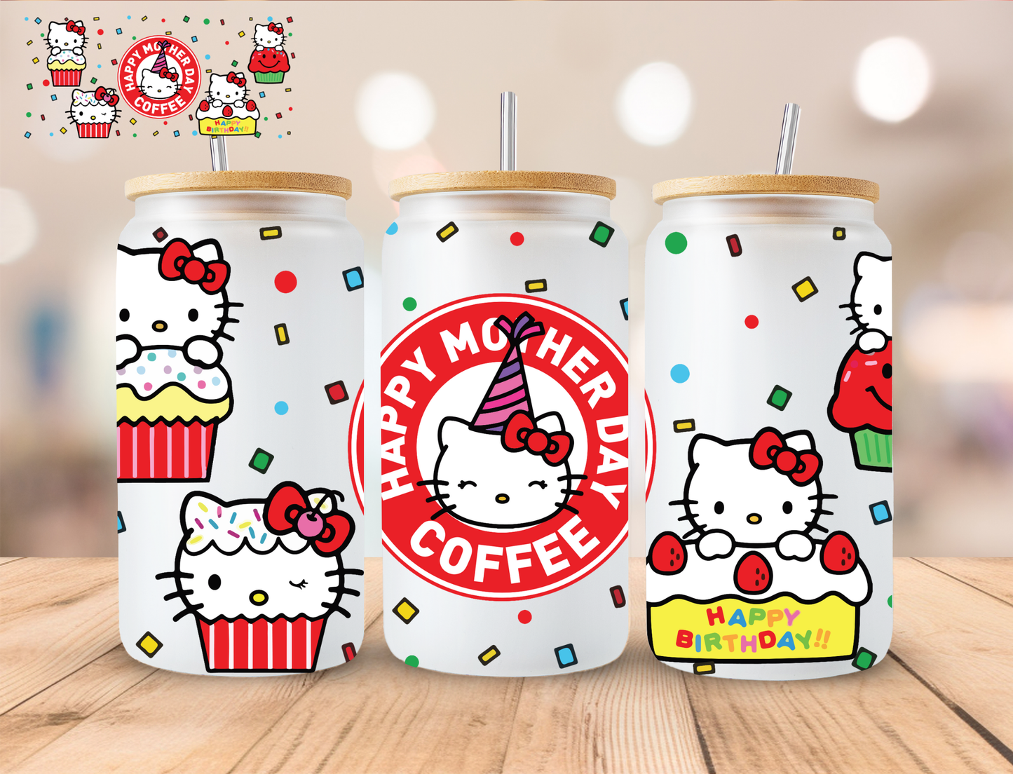 Birthday Kitty Coffee - 16 oz / 20 oz Libby UV DTF Wrap