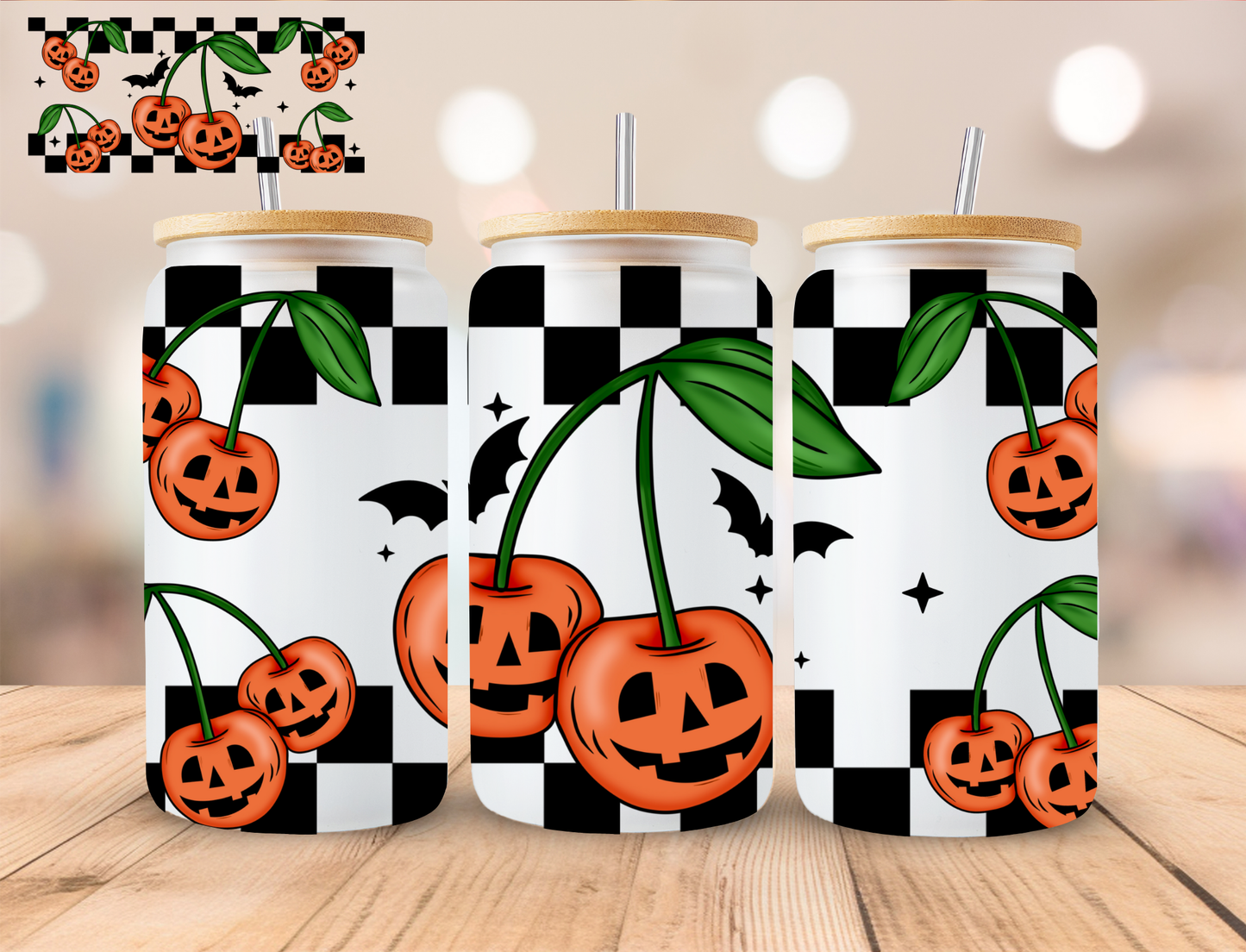 Checkered Halloween Pumpkin Cherries - 16 oz / 20 oz Libby UV DTF Wrap