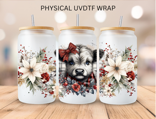 Christmas Floral Cow - 16 oz / 20 oz Libby UV DTF Wrap