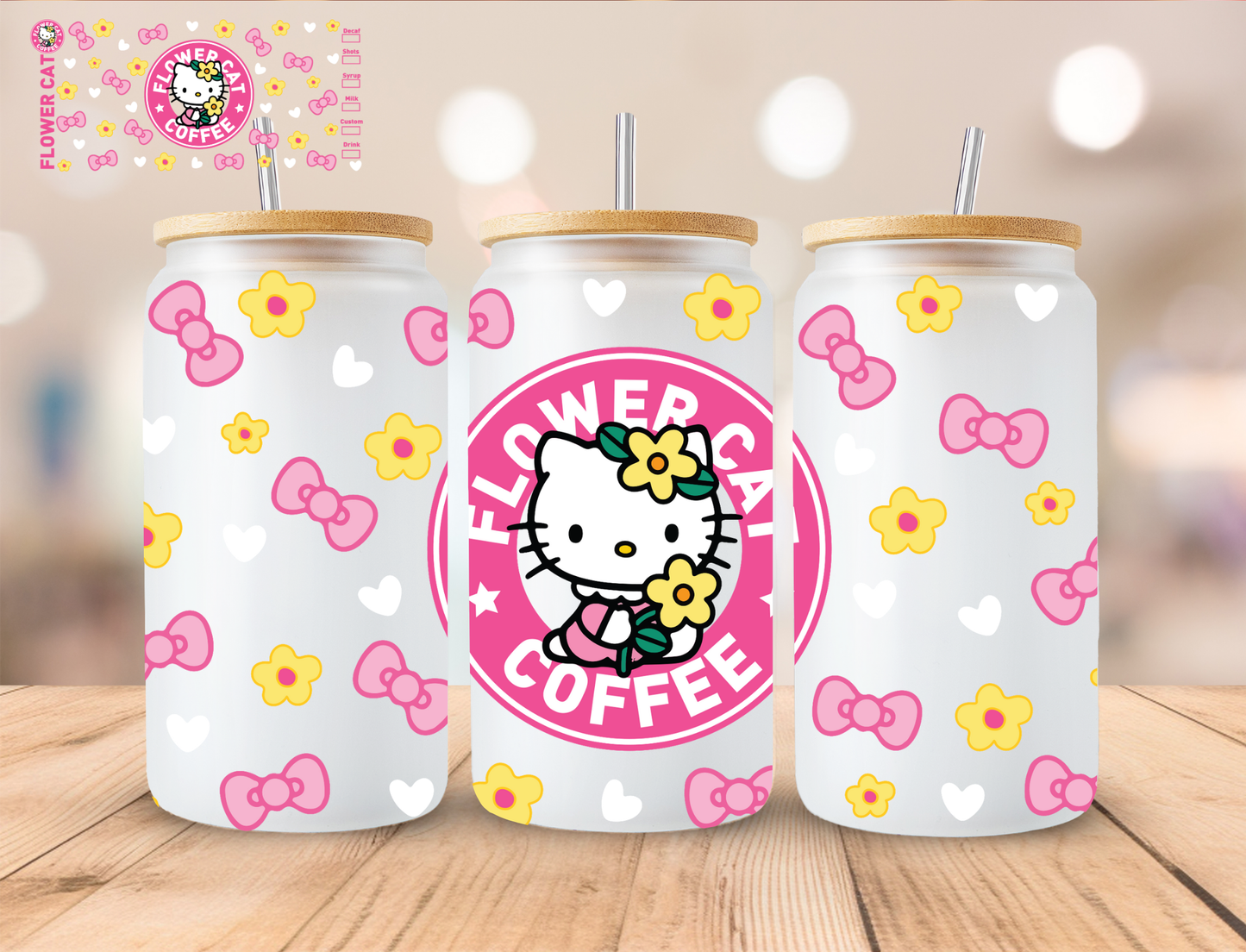 Flower Cat Kitty Coffee - 16 oz / 20 oz Libby UV DTF Wrap