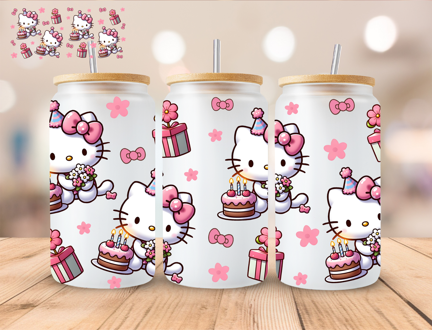 Birthday Kitty - 16 oz / 20 oz Libby UV DTF Wrap