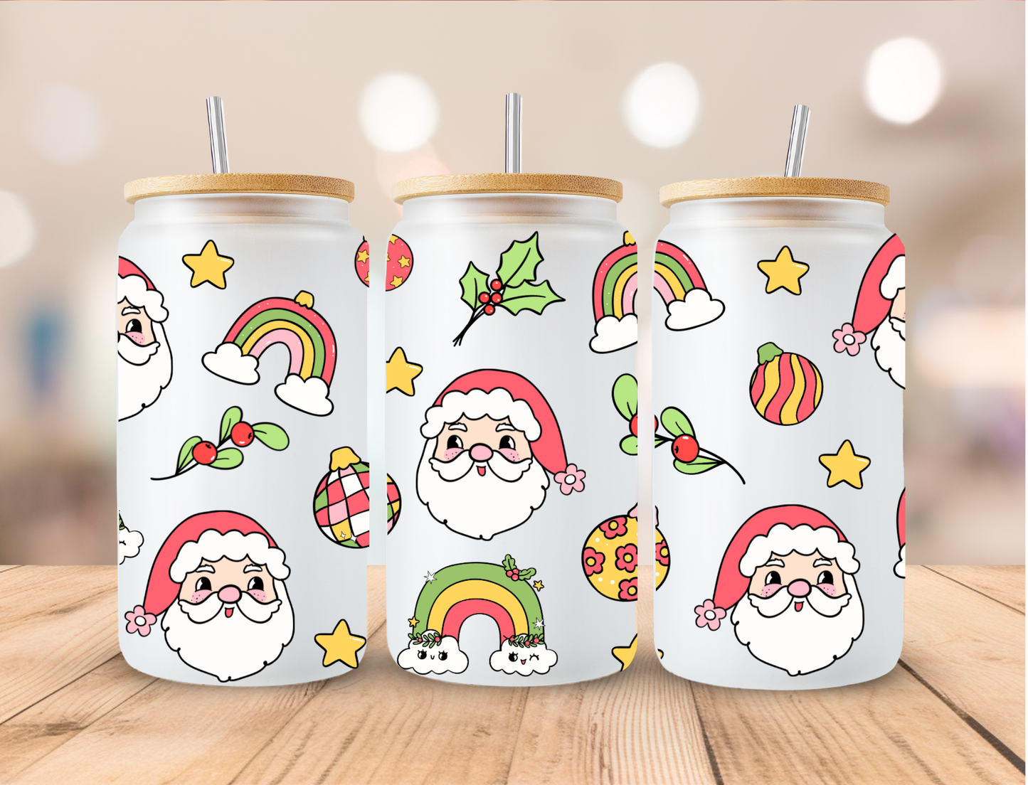 Christmas Retro Rainbows Disco Ball Santa - 16 oz / 20 oz Libby UV DTF Wrap