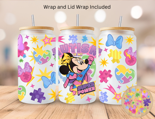 Autism Is My Superpower Mouse - 16 oz / 20 oz Libby UV DTF Wrap and Lid Combo Bundle